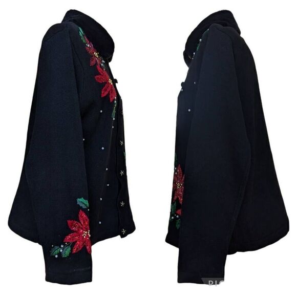 Vintage Ugly Sweater Black Red Christmas Flowers Cardigan Button Down Size M 90s - Picture 5 of 9